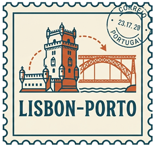 Lisbon Porto Train — vintage postage-stamp illustration of Belém Tower and the Dom Luís I bridge