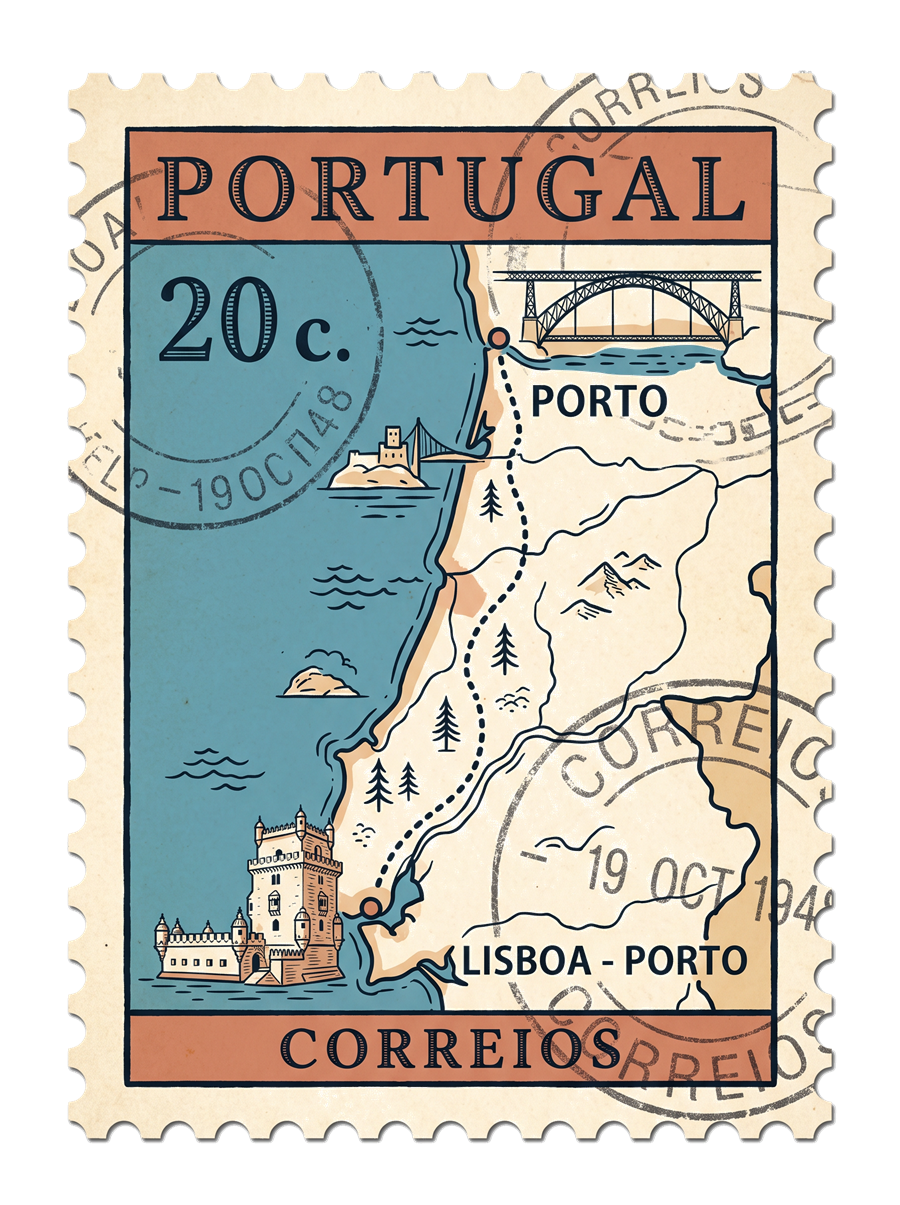 Vintage postage-stamp-style illustrated map of Portugal showing the Lisbon to Porto train route along the coast, with Belém Tower, the Dom Luís I bridge, and a Correios postmark